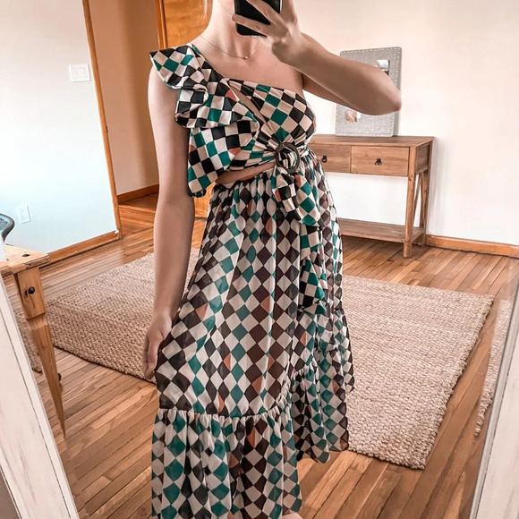 Patbo Check Printed Teal Multi One Shoulder Knee Length Beach Midi Dress S NWT - Picture 1 of 10